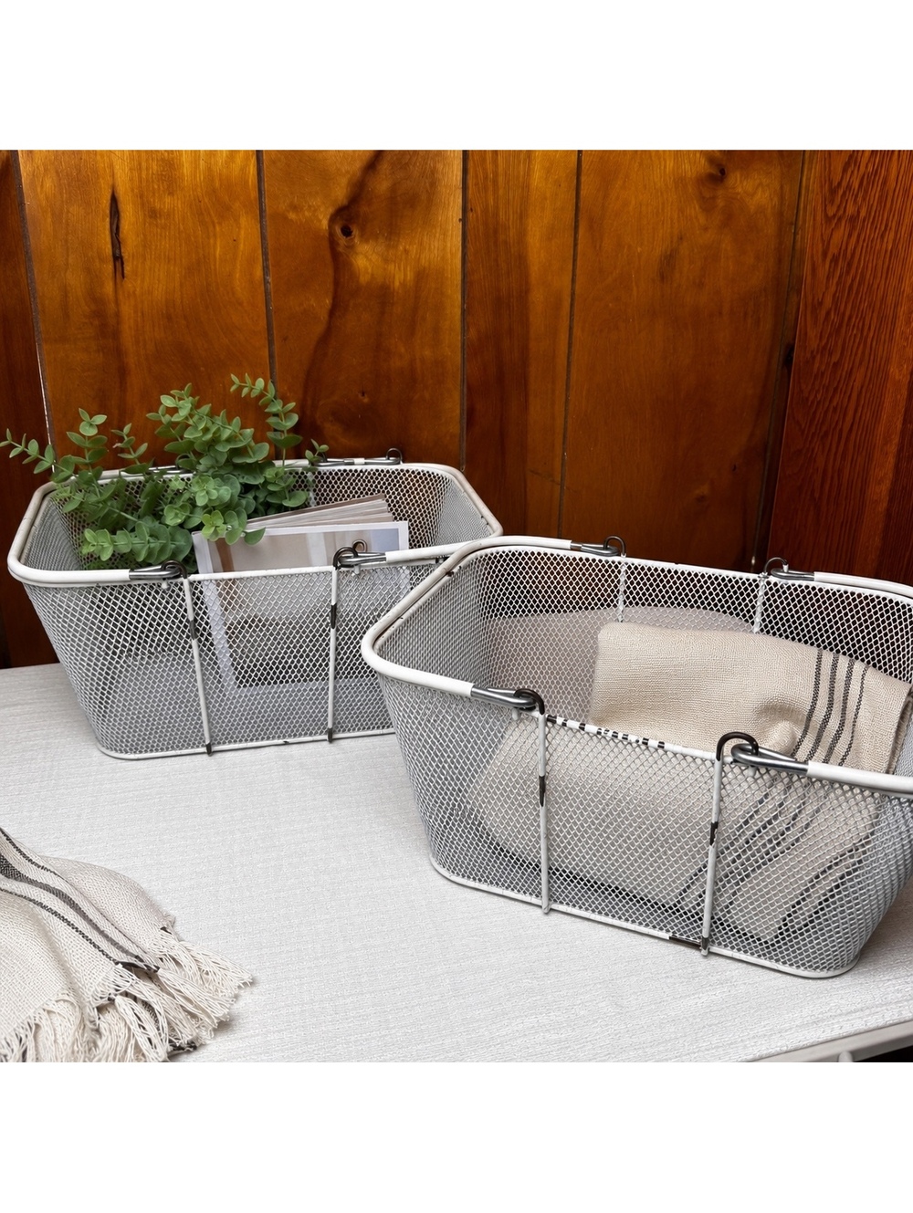Vintage White Wire Mesh Folding Bike Baskets Set of 2 16 x 12 x 7